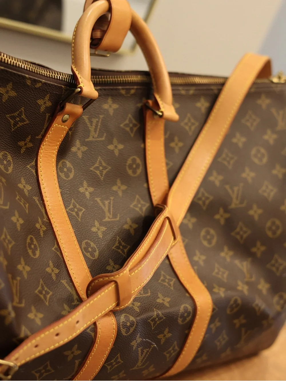 Louis Vuitton Brown Monogram Canvas Duffel with Tan Leather Trim